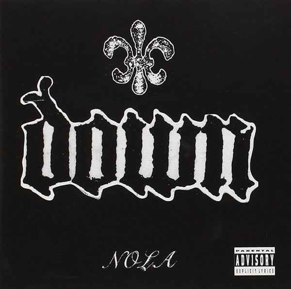 White band title on black background and lily